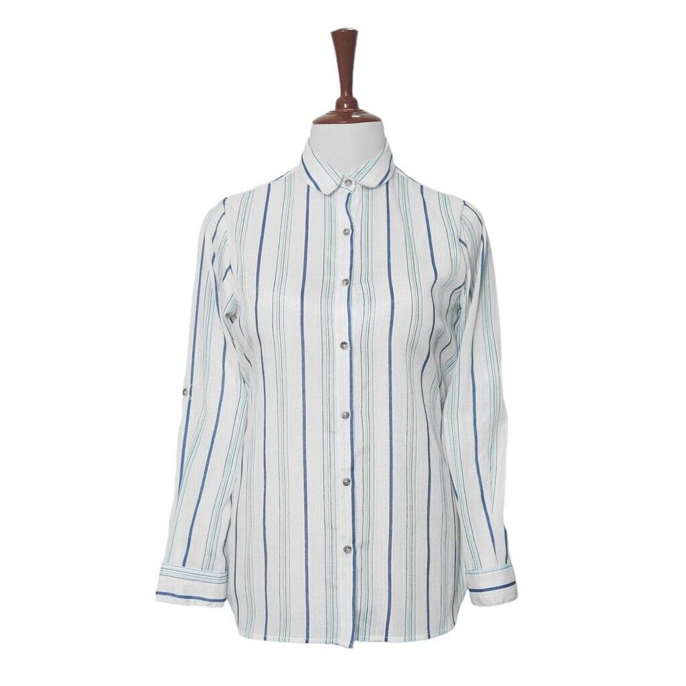Womens Silky Shirt Button Up White Blue Striped Summer Casual Beach Tunic Medium